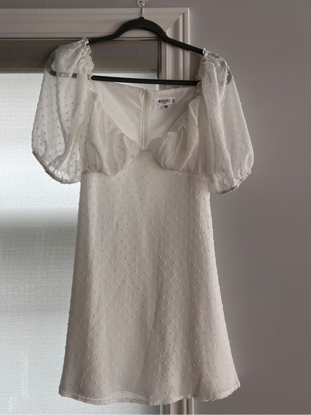 Missguided White Puff-Sleeve Swiss Dot Mini Dress